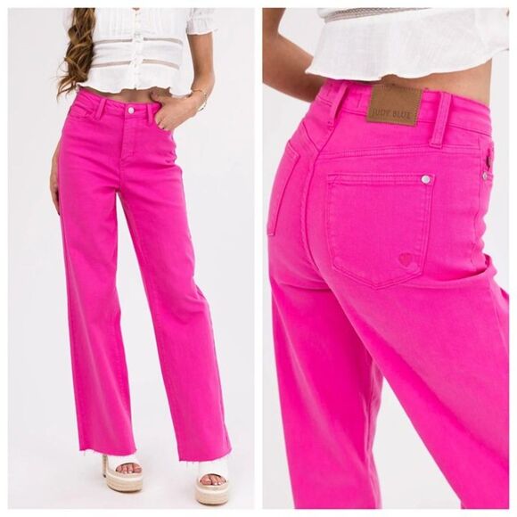 Judy Blue 90's Straight Leg Jeans High Waist Garment Dyed Hot Pink Size 7/28 NWT - Picture 1 of 12